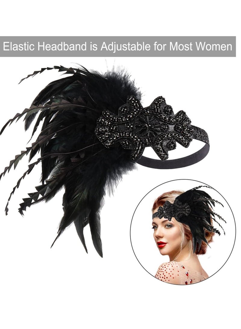 1920s Accessories Flapper Gatsby Costume Women Set 20s Headband Pearl Necklace Gloves Lace Fan Holder, Black - Image 5